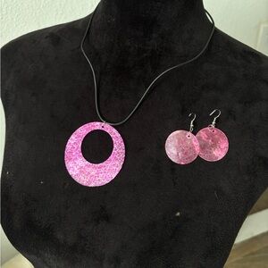 Pink Circular Pendant Necklace and Earring Set